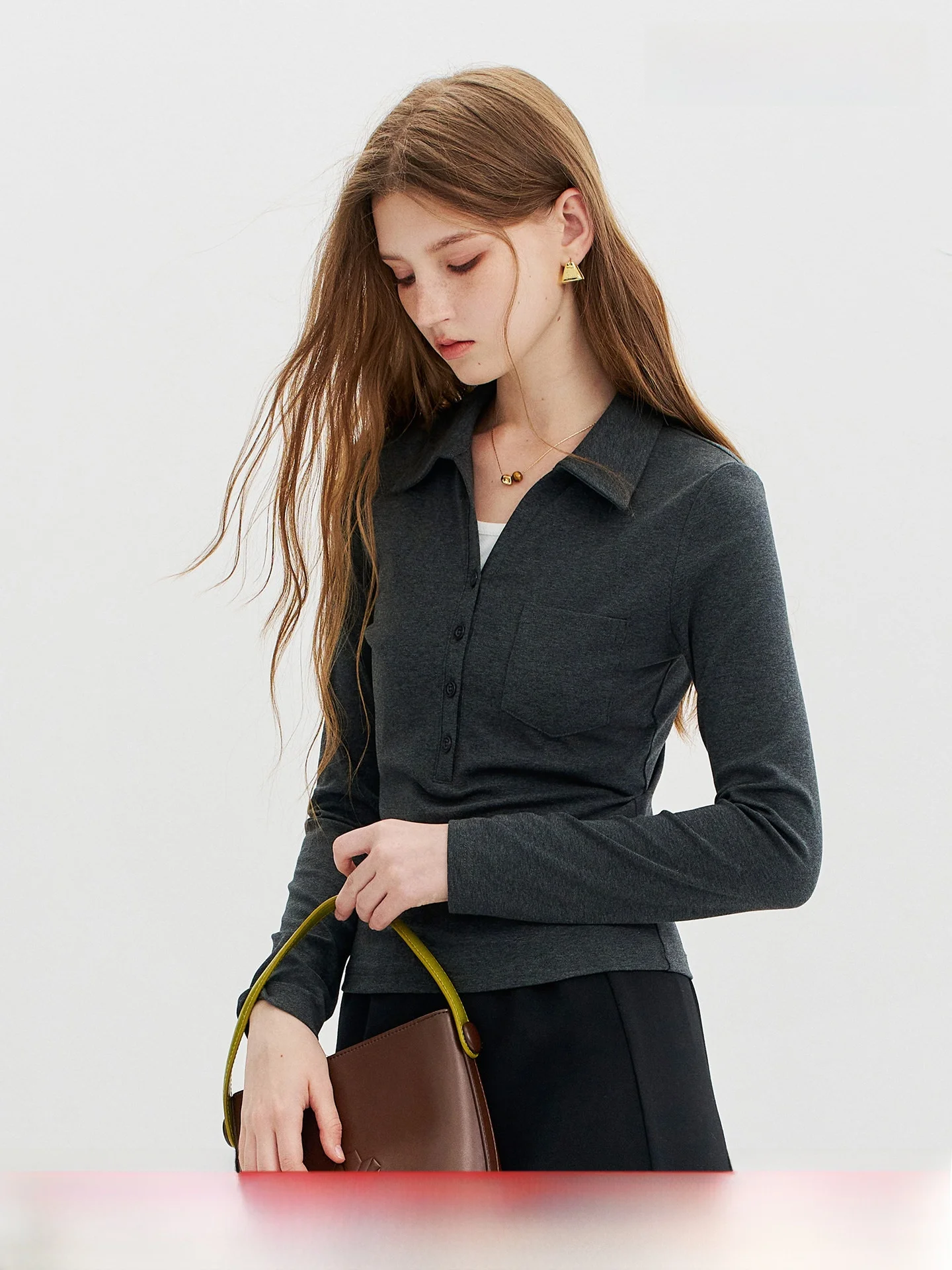 Slim Fit Knitted Long Sleeve T-Shirt Korean Style Half Open Button Front Collar Autumn Women's High Quality Basic Crew Neck Top
