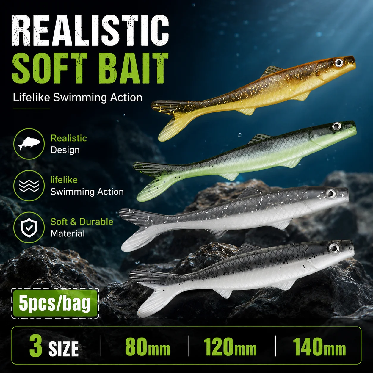 FISHINGFANS 3,7g 7,7g 12,9g 5 Stück pro Beutel Zander- und Hecht-Angelköder Weicher Köder Fischschwanz-Softköder Künstlicher Shad-Köder