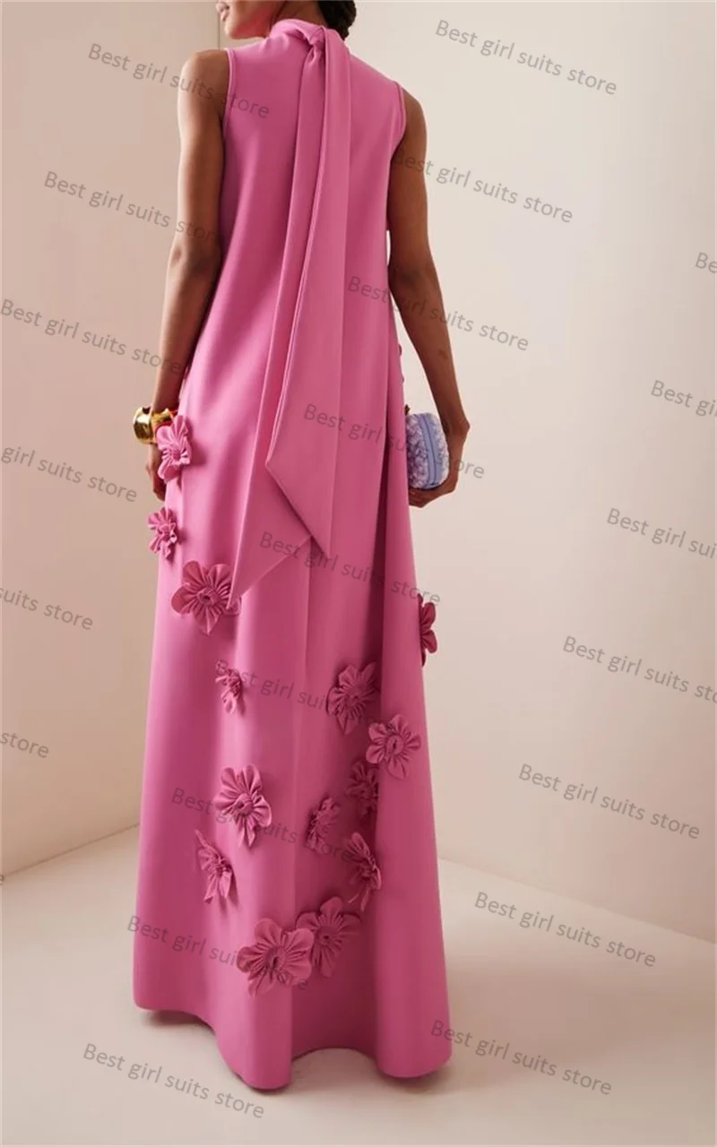 Summer Pink Women Prom Dress 1 Piece Formal 3D Flower Sleeveless Long Maxi Wedding Robes Tailored Size Party Gown Skirt