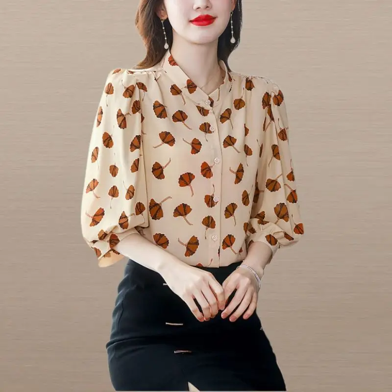 Temperament Fashion Printing Single-breasted Blouse Women New Classic V-neck 3/4 Sleeve Slim Loose Lady Office Chiffon Shirt