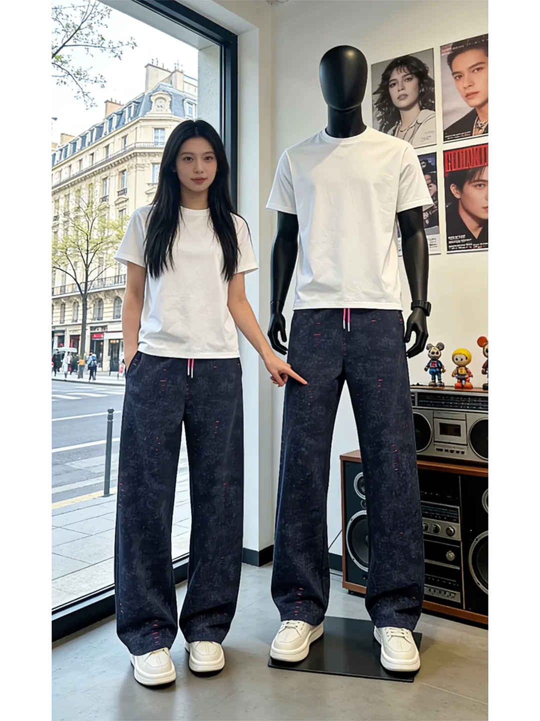 

American Style Men's Casual Pants Spring Drape Slimming Knife Torn Straight Leg Micro Flared Long Trousers Dark Blue