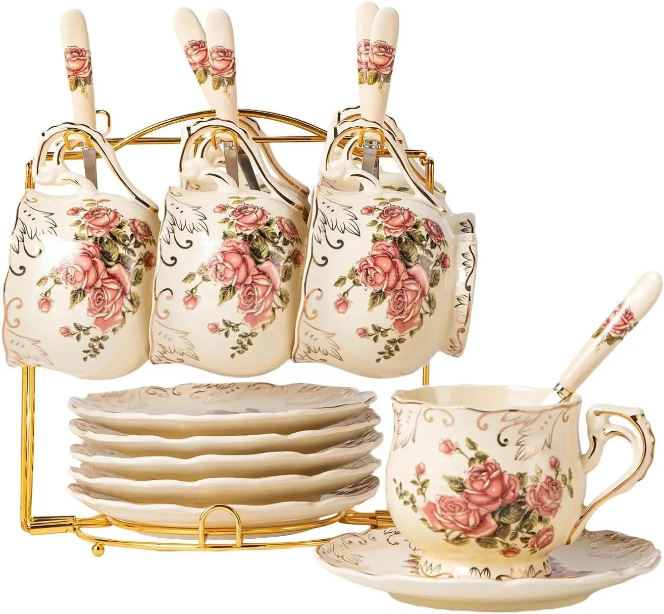 

Vintage Floral Porcelain Teacups Set of 6 with Golden Rack, 8 OZ Coffee Cups and Saucers for Home Decor and Gifts