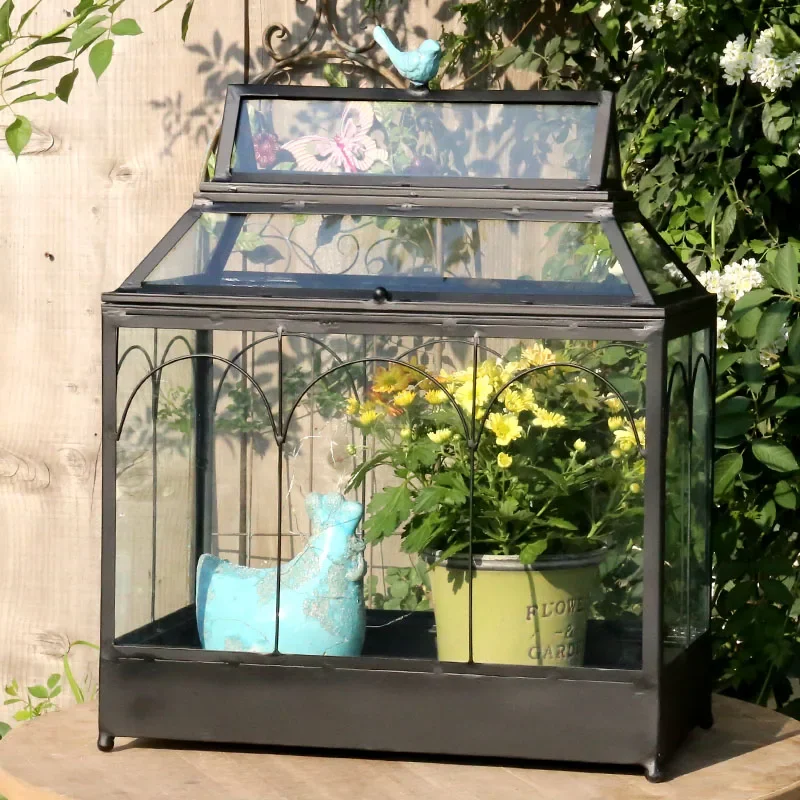 Island metal glass greenhouse flower rack iron balcony greenhouse set doll house hand-made house viewing sun room image 3