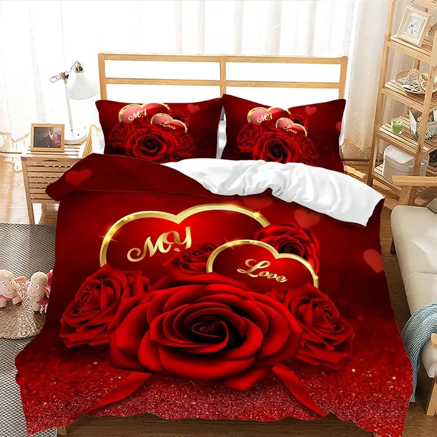 Love Heart Duvet Cover Geometric Love Pattern Bedding Set Full Queen Size Romantic Comforter Cover Valentine'S Day Bedroom Decor