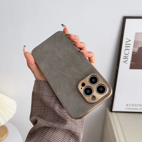 Кожаный чехол для iPhone 13-17 ProMax с гальванизированной рамкой — фото товара