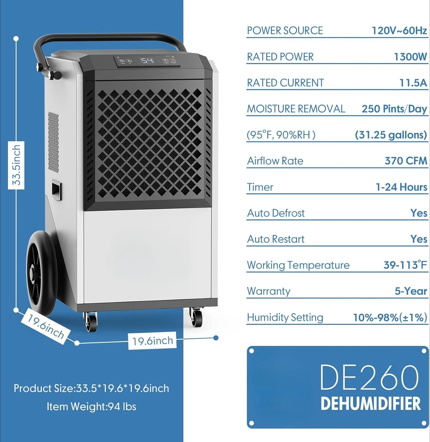 Deshumidificador comercial de 250 pintas con manguera de drenaje, 8.000 pies cuadrados, deshumidificadores industriales para sótanos y grandes espacios