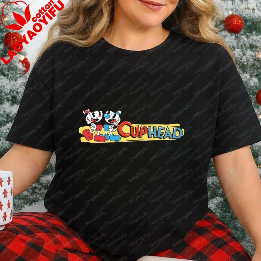 Retro Pirated Style The Cuphead Ueno Short-sleeved Unisex Shirt for Both Men and Women. Pure Cotton T-shirt with Pattern.