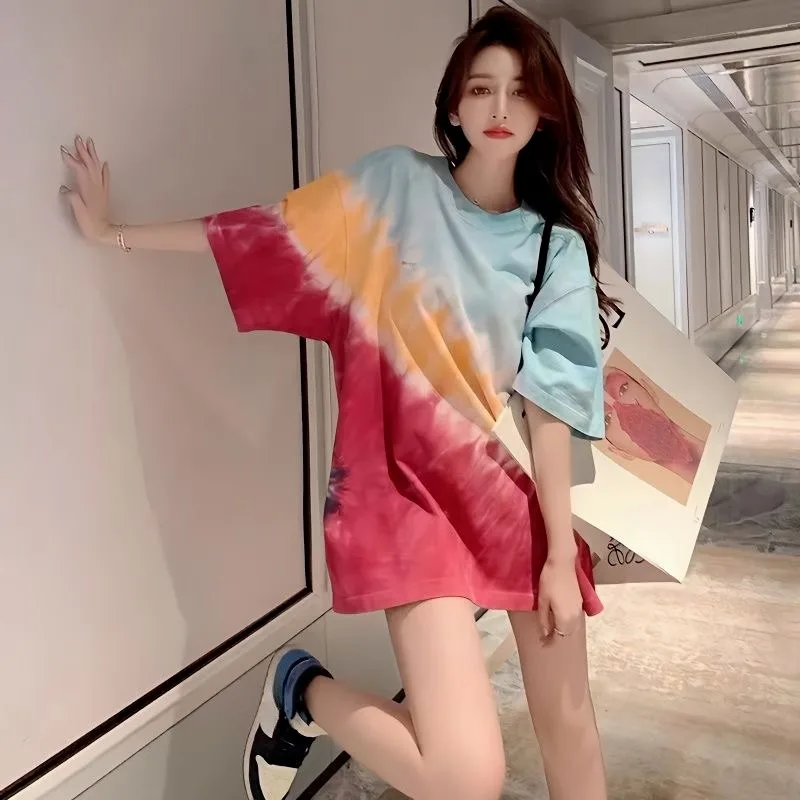 

Plus Size 300 Jin Super Hot Rainbow Tie-dye Fat Mm2-300 Jin Short-sleeved T-shirt Female Loose Versatile Contrast Color Top