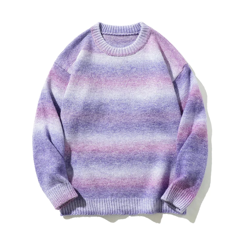 Sweater bergaris warna-warni pria pullover grafis lengan panjang Fit reguler sweater rajut Crewneck lembut nyaman pria