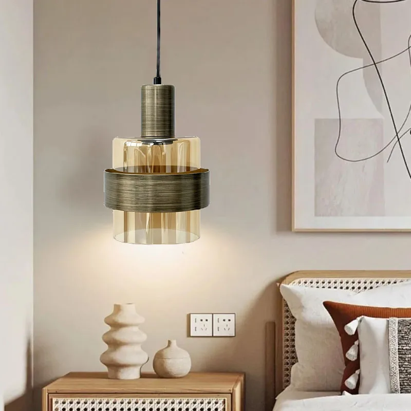 2PCS Modern Pendant Lights E27 LED Amber Glass Bronze Colored Chandeliers Dining Bedroom Hanging Lamps Home Decor Pendant  Lamp