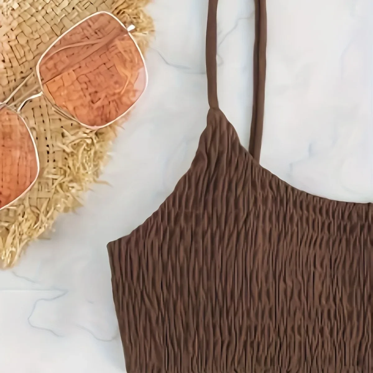 Sexy Brown Bandeau Swimwear Thong Bikini 2025 Women Wrinkled Swimsuits Swimming Bathing Suit Brazilian Bikinis Set Mujer Biquini