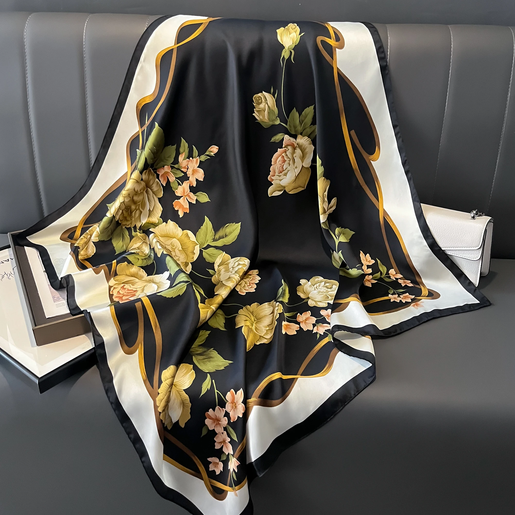 New Fashion Kerchief Silk Satin Neck Scarf For Women Print Hijab Scarfs Female 90*90cm Square Shawls and Wraps Scarves For Lady