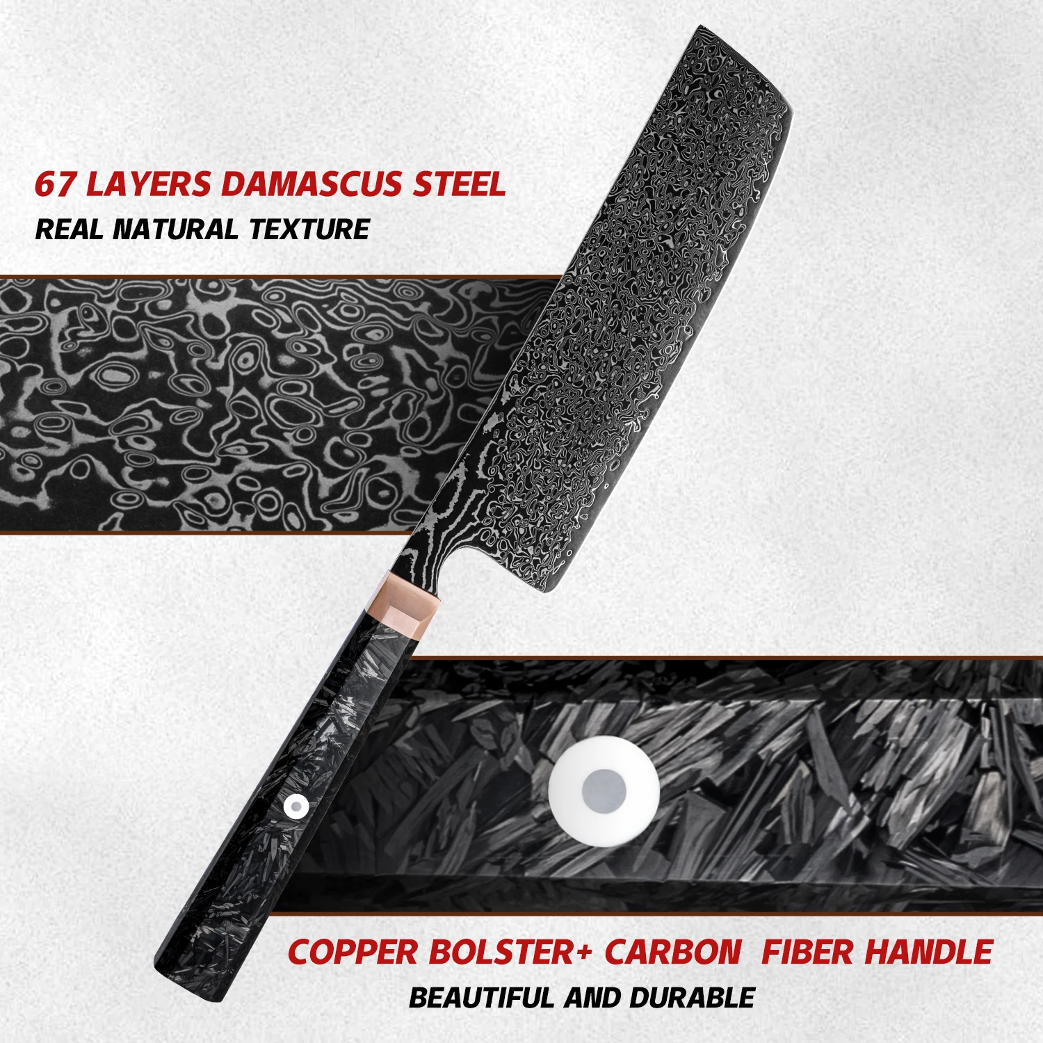 Cuchillo Grandsharp Nakiri de 6,7 ", cuchillo de cocina de Chef de acero damasco de 67 capas, refuerzo de cobre con núcleo 10CR15COMOV + mango de fibra de carbono