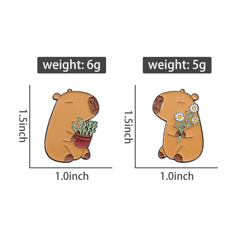 Cute Animal Enamel Pins A cute brooch of two Capybaras holding potted plants and flowers Backpack Accessories Metal Badge Gift