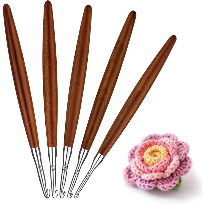 

【CHRISTMAS 】Aluminum Crochet Hooks With Wood Handle, 5 Pack Set For Arthritic Hand DIY Crafts- Sizes 3Mm To 7Mm Knitting