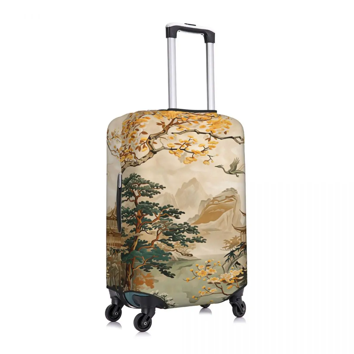 Custom Chinese Golden Autumn Dragon Pavilion Mountain Zen Luggage Cover Protector Elastic Travel Suitcase Covers