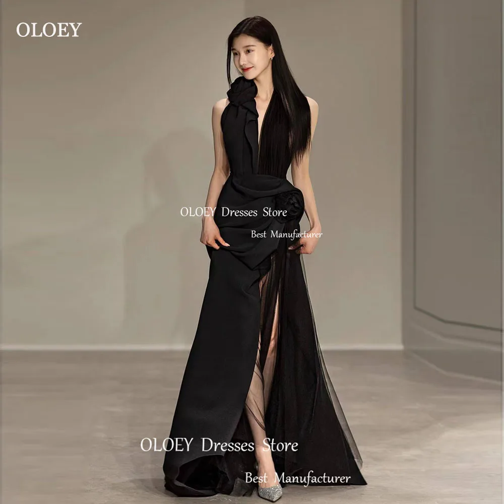 

OLOEY Modern Tulle A-Line Backless Floor-Length Evening Gown Dresses 3D Flower V-Neck Sleeveless Sweep Train Prom Gowns