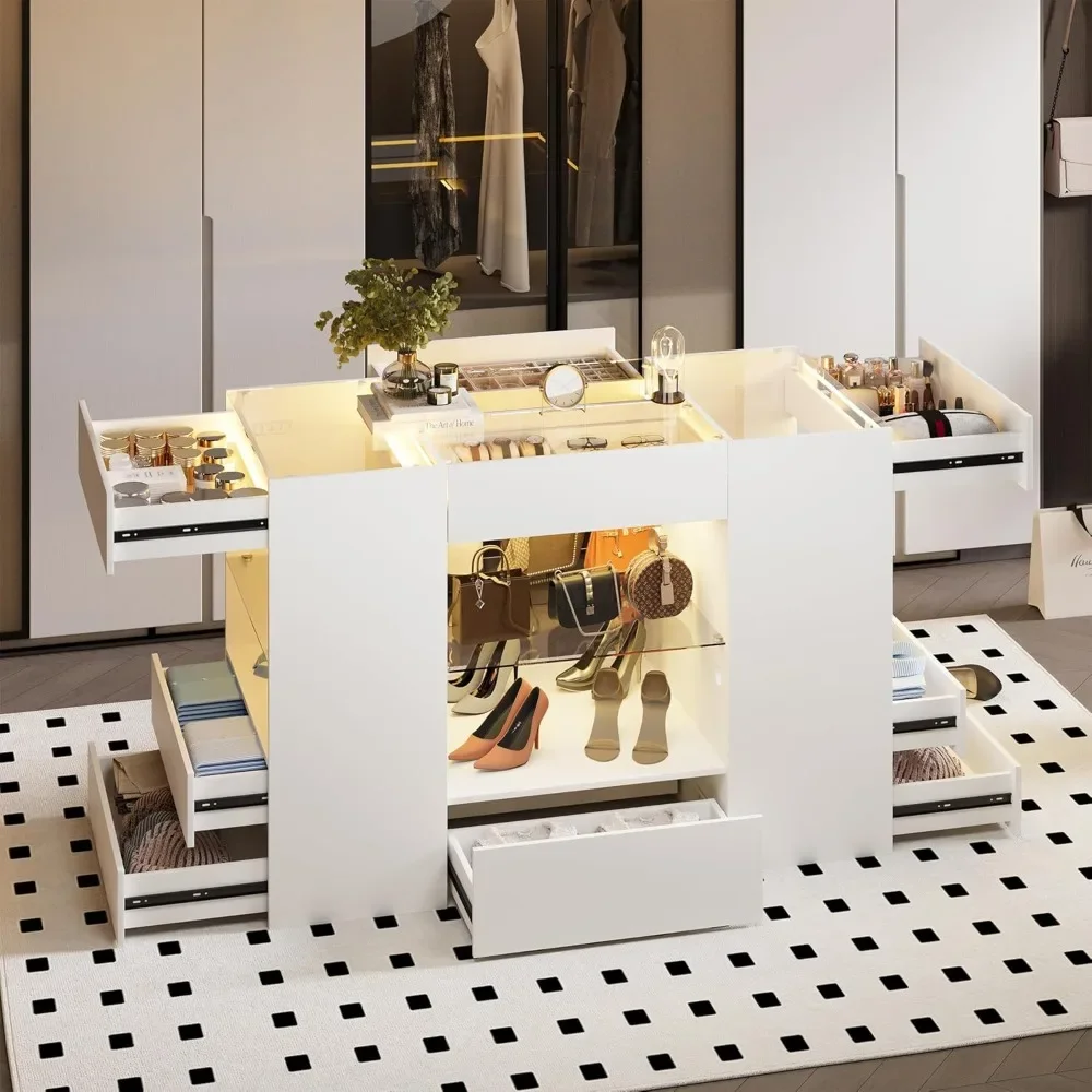 

Modern Closet Island with 10 Drawers, LED Wardrobe Armoire Island with Glass Top, Luxury Walk-in Closet Island Storage Cabinet.