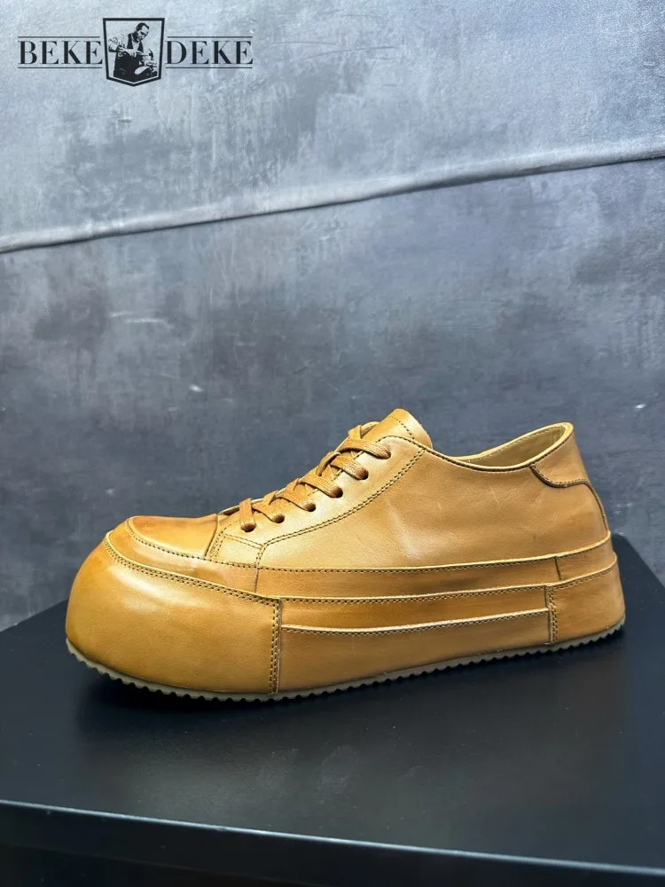 High Street Mens Cowskin Genuine Leather Platform Shoes Vintage Spliced Casual Walking Sneakers Lace Up Round Toe Men Footwear