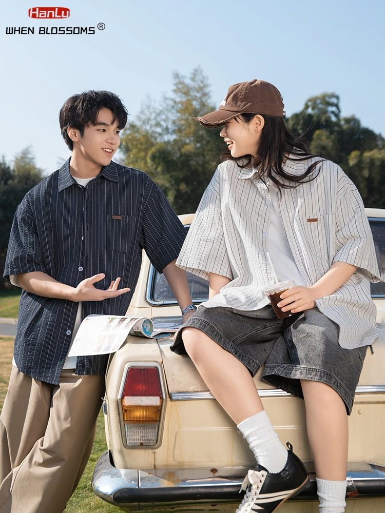 American Vintage Casual Cotton Striped Short Sleeve Shirt Lapel Wrinkled Design Unisex Couple Summer Trendy Oversized Shirt Coat