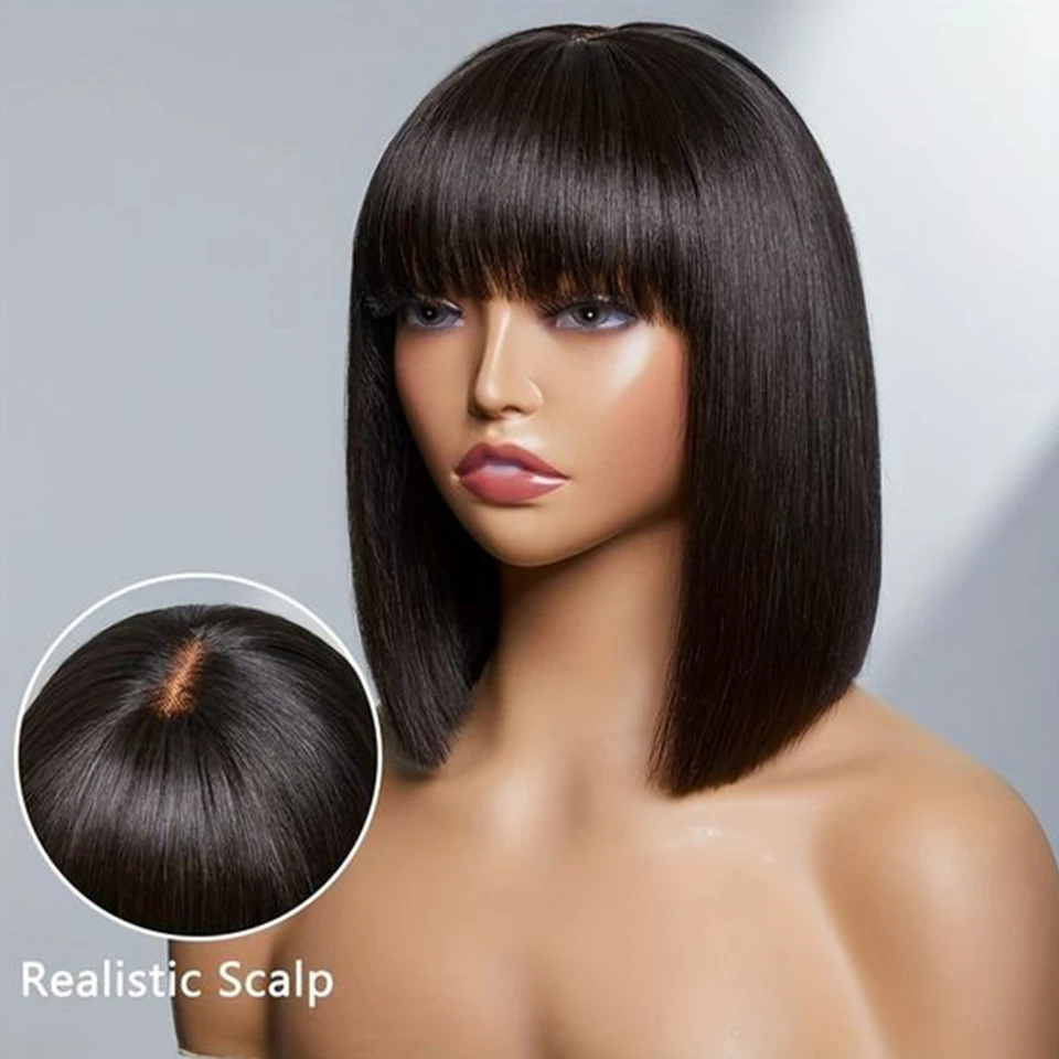 

Wear and Go Human Hair Bob Wig With Bangs 180 Density Realistic Look 4x1 Lace Glueless Wigs Short Black Bob Wigs With Bangs