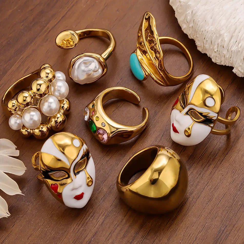Stainess Steel Enamel Mask Ring Flower Pearl Open Ring Women Gothic Irregular Tylish Unique Texture Metal  Finger Jewelry Gift