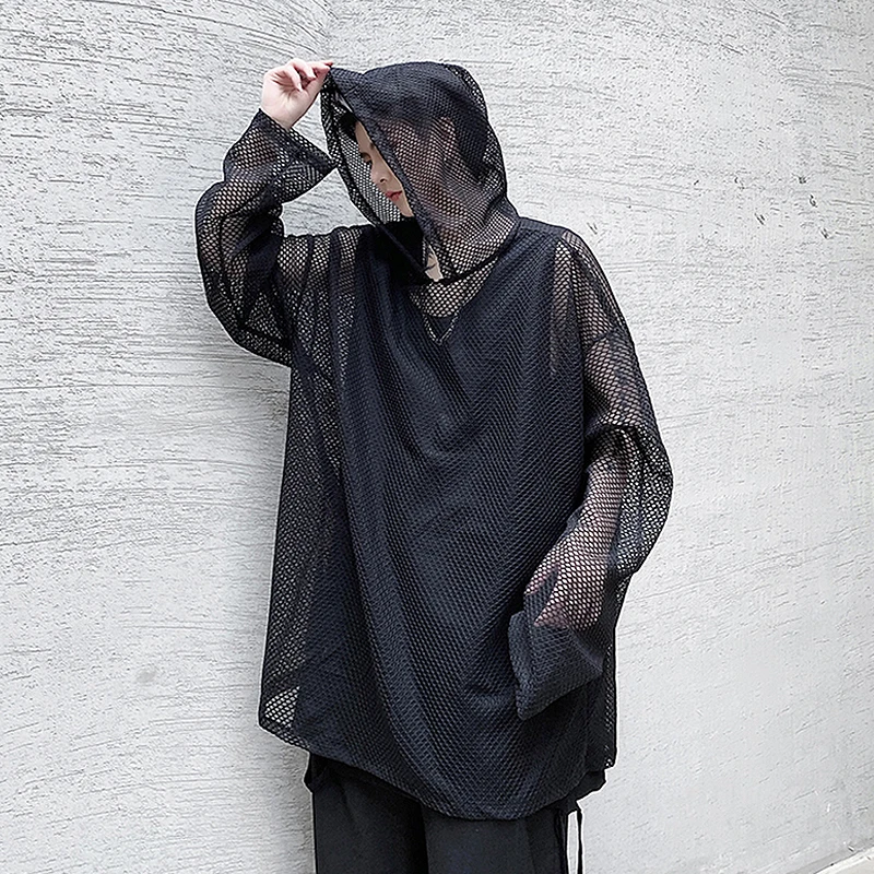 2024 Summer Dark Hollowed Out Mesh Hoodies T-shirt For Men Women Long Sleeves Loose Hooded Mesh Transparent Shirts