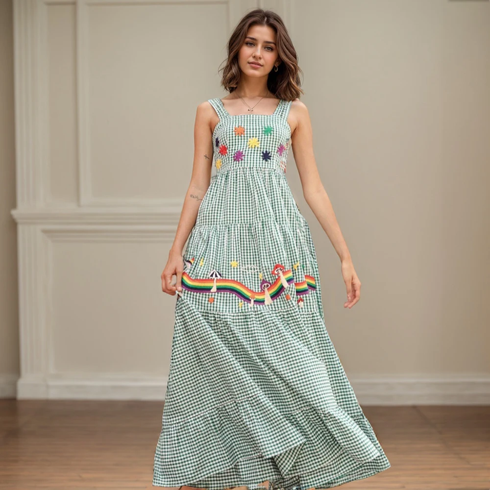 Beach Sundress Vintage Embroidery Square Neck Tiered Dress Fashion Trend Print Square Collar Sleeveless Pleated Slim Fit Dresses