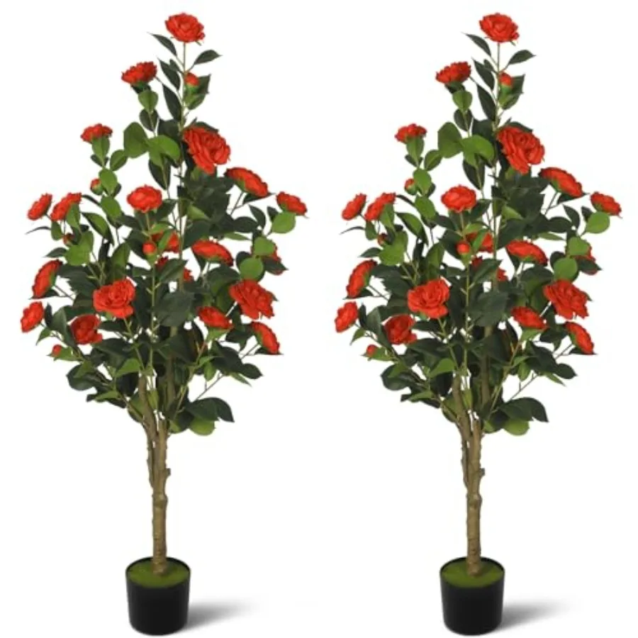 

2-Pack 4FT Artificial Camellia Tree, Realistic Fake Potted Plants with FlowersPlanters, Indoor/Outdoor Faux Flowering Trees for
