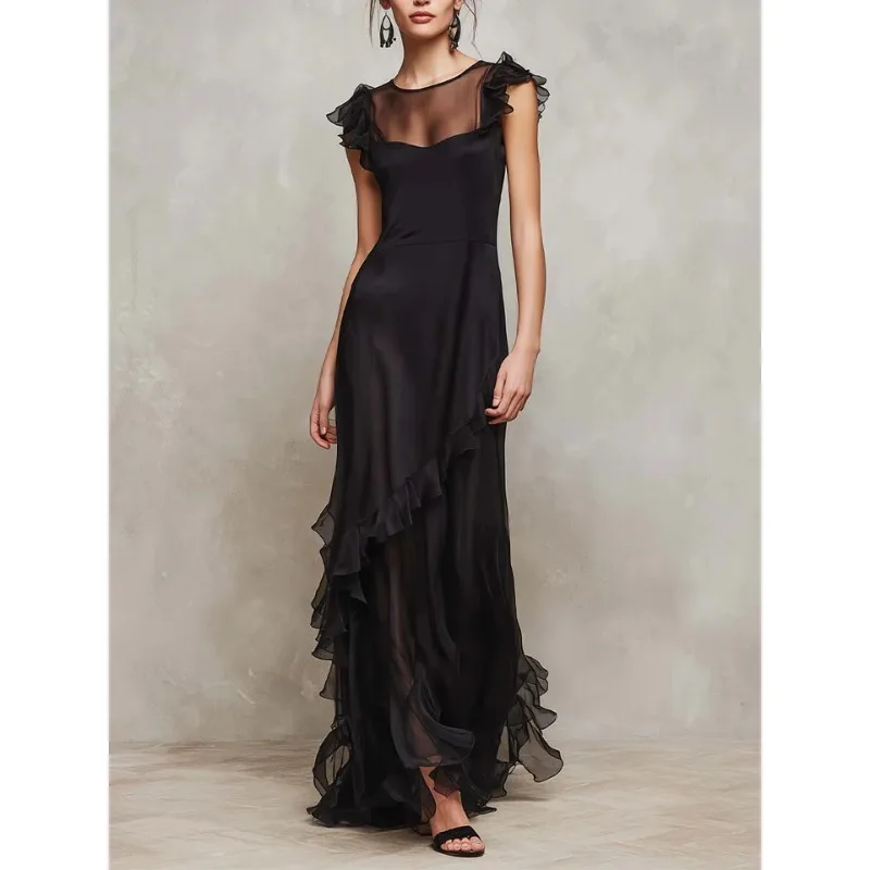 ティナ 女性用 シアー ラッフルトリム ドレス 2026 春夏 アシンメトリー パッチワーク メッシュ ジッパーバック イブニング ウェディング ゲストドレス