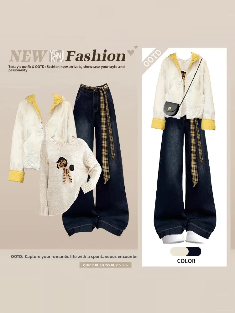 

Комплект из трех предметов в университетском стиле: уникальная хлопковая куртка с капюшоном в стиле колор-блок, вязаный свитер, джинсы. Зимний антивозрастной комплект.