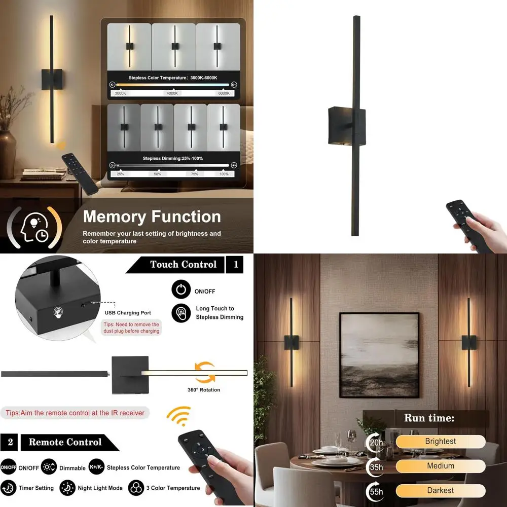 

Беспроводной настенный светодиодный светильник 28.3, 360° ° Поворотная лампа с дистанционным управлением и регулировкой яркости 3000K-6000K для домашнего декора