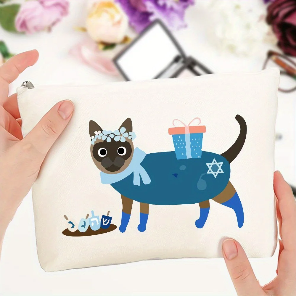 Hanukkah Cat Canvas Cosmetic Bag Travel Toiletry Pouch with Zipper Closure, Dry Clean, Cute Animal Design, Ideal Gift for Women