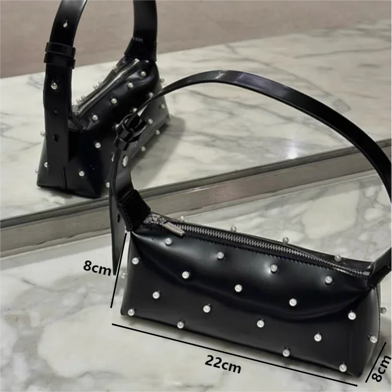 Black Advanced Fashion Small Square Bags Women Shoulder Bags New Rivet Zipper Handheld Bags Korean Style Versatile Axillary Bags