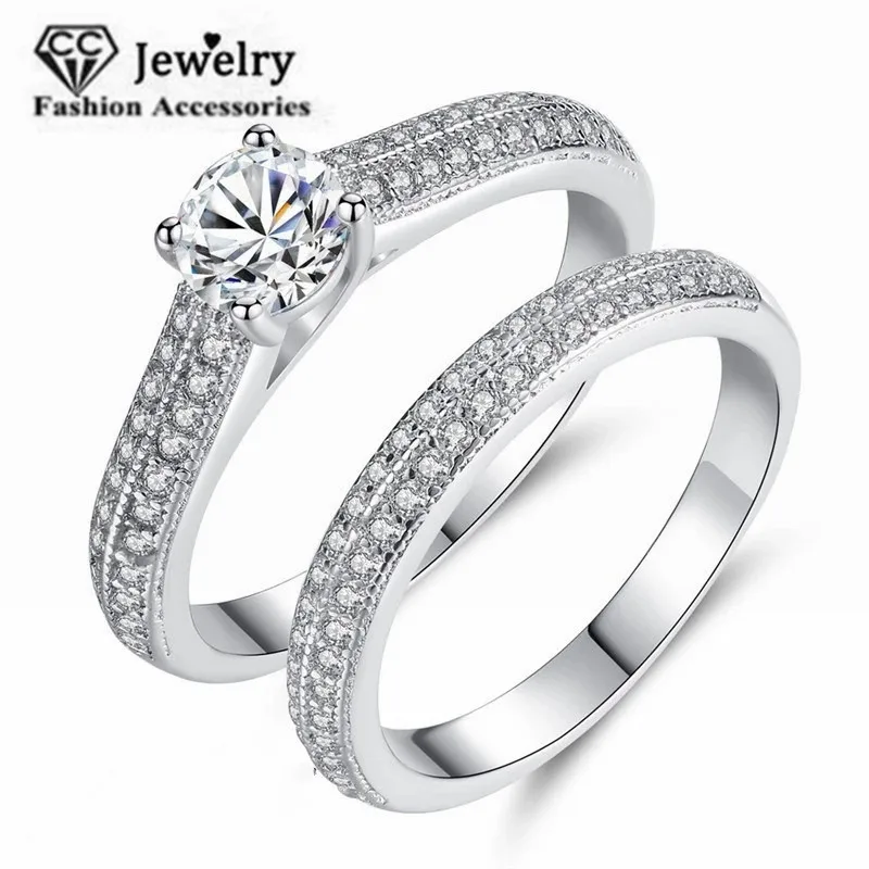 CC Double Ring Set For Women Bridal Jewelry Cubic Zirconia Silver Color Couple Party Engagement Wedding Ring Fine Gift CC634