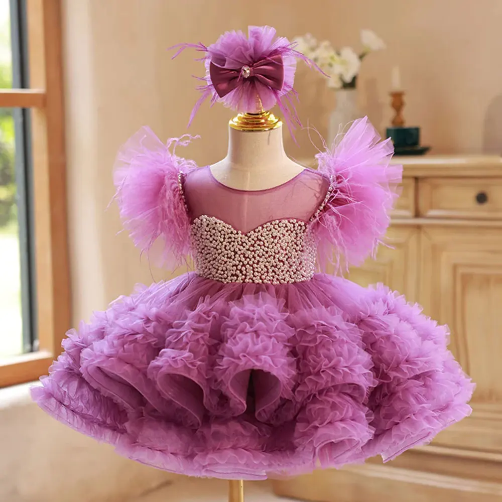 Fioletowa bufiasta warstwowa sukienka dla dziewczynki na wesele O-neck Tulle With Pearls Baby Kids Birthday Party Ball First Communion Gowns