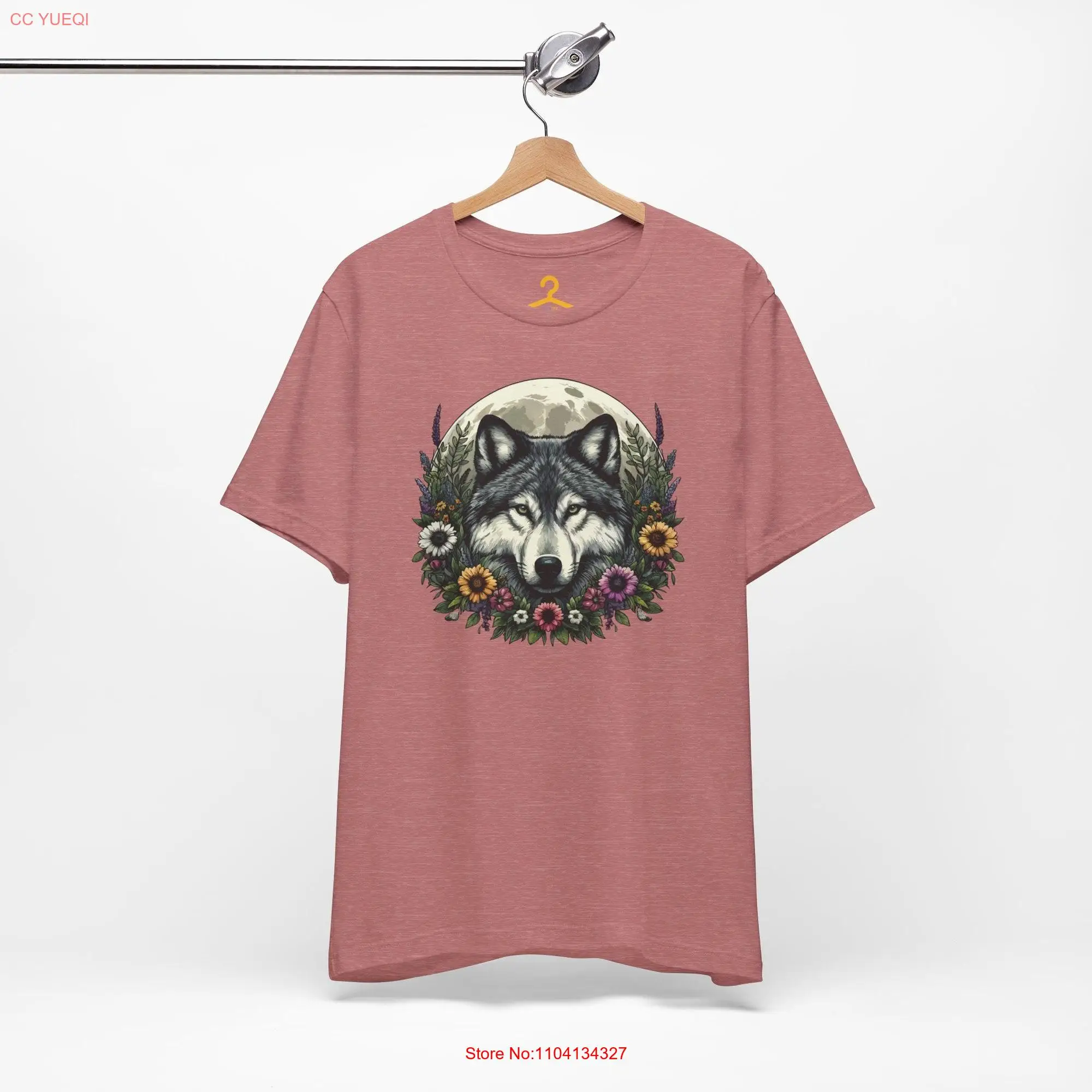 Mystical moonlit wolf and floral wreath t shirt unisex nature inspired tee perfect gift for him her artistic wilderness top