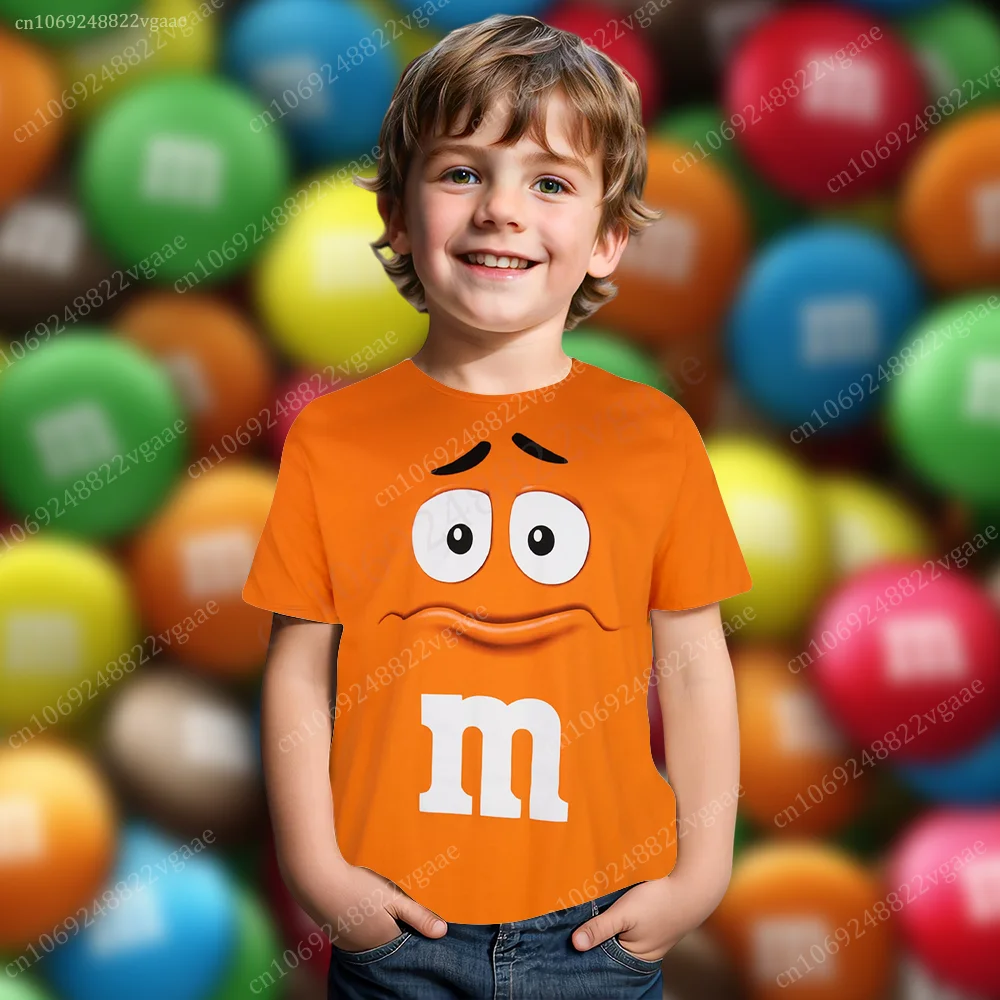 Summer M&M\'s T Shirt Kids Boys Chocolate Bean T-shirt Men Short Sleeve Top Funny Tee Clothes Girls Training Uniform Clothing