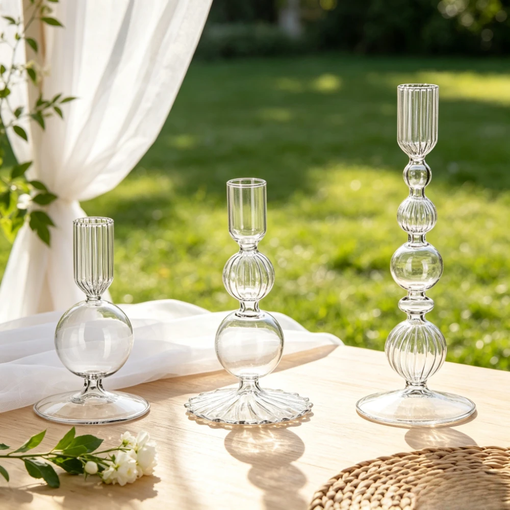 Colored Bubble Glass Taper Candle Holders Set Vintage Crystal Ribbed Design Candlestick Home Dining Table Outdoor Wedding Decor