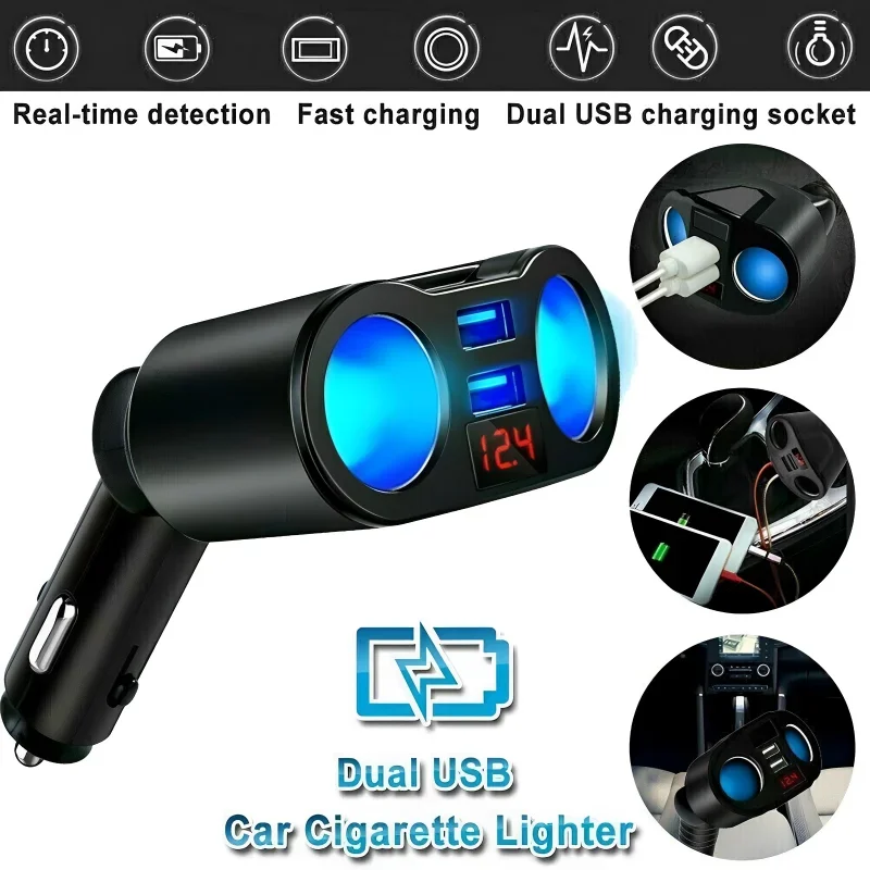 Car Cigarette Lighter USB Splitter Plug Converter For Cigarette Digital Display Voltmeter Fast Charging Mobile Phones Adapter