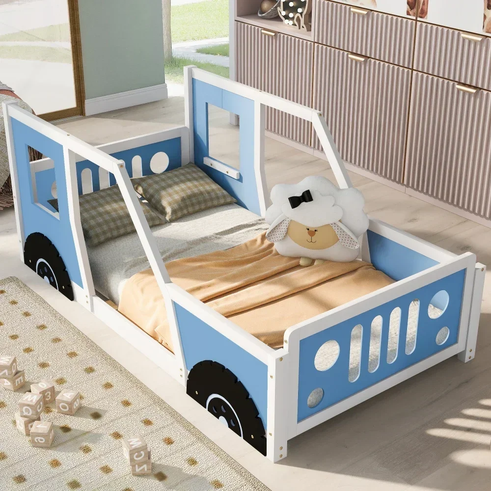 Twin Size Classic Car-Shaped Platform Beds Wheels,Blue Car Bed for Kid Children Beds Kids Beds for Boys,Bed for Girls Furniture