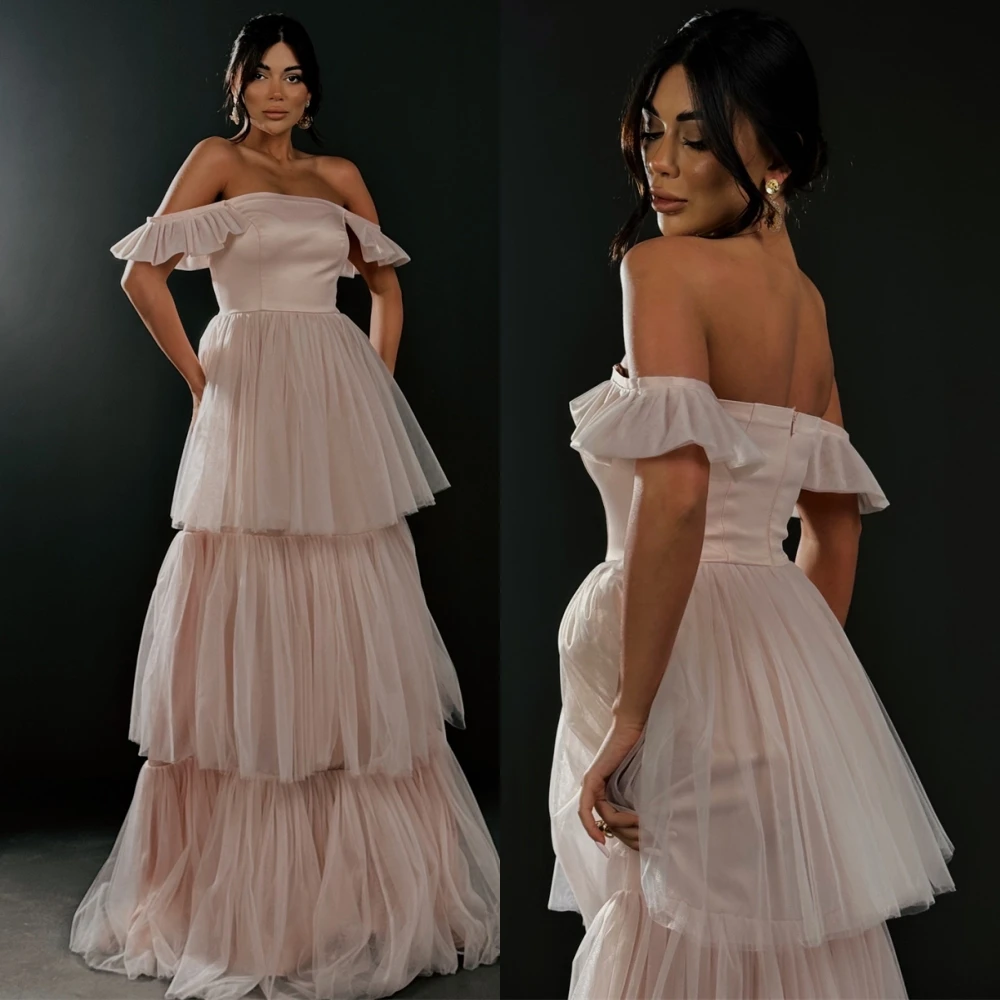 Vestido de noche de una línea de organza sin tirantes moderno personalizado Vestidos de fiesta con gradas elegantes Vestidos para ocasiones especiales con espalda abierta de lujo