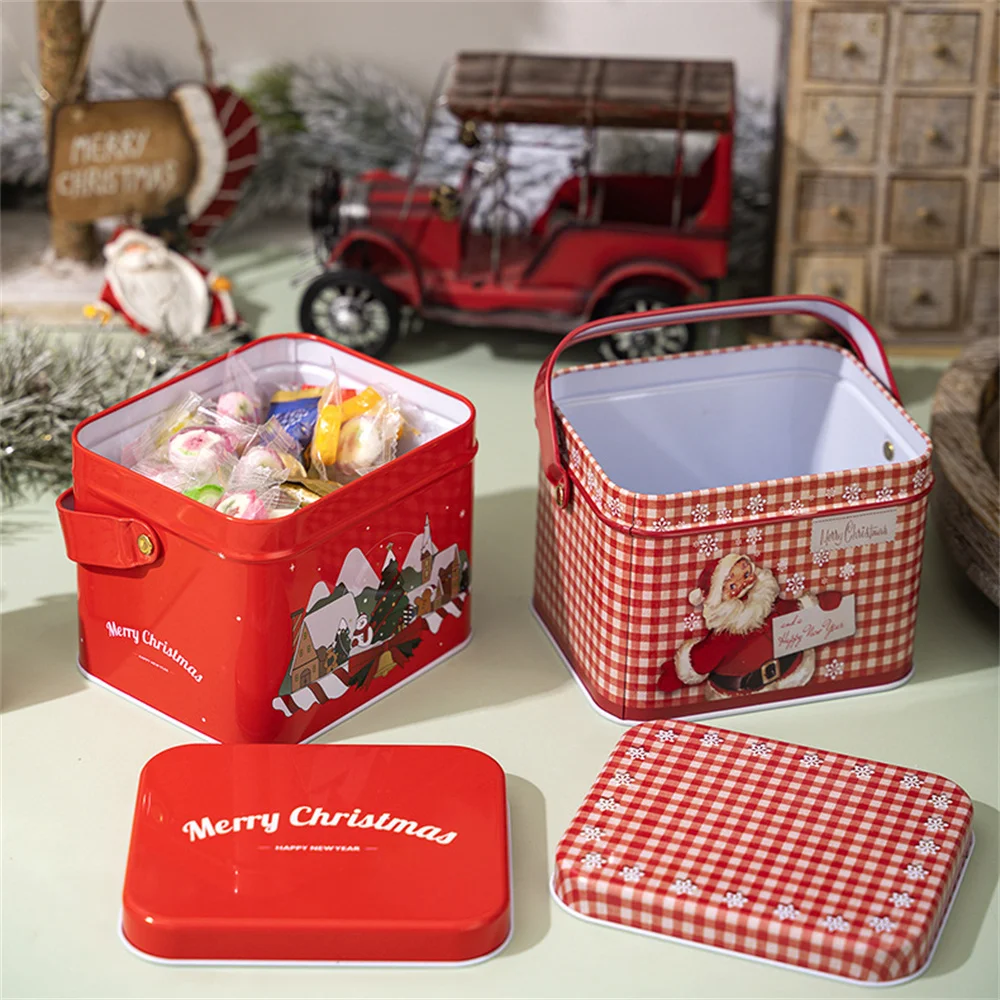 Christmas Handheld Tinplate Box Iron Storage Box with Lid for Children Cookies Candy Packaging Box with Handle Gift Box - Detail 1
