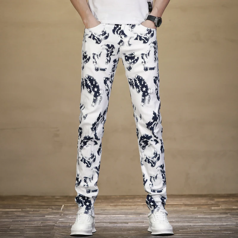 Fashion personalized printed jeans White for men2024new slim fit feet handsome street style trendy casual pants