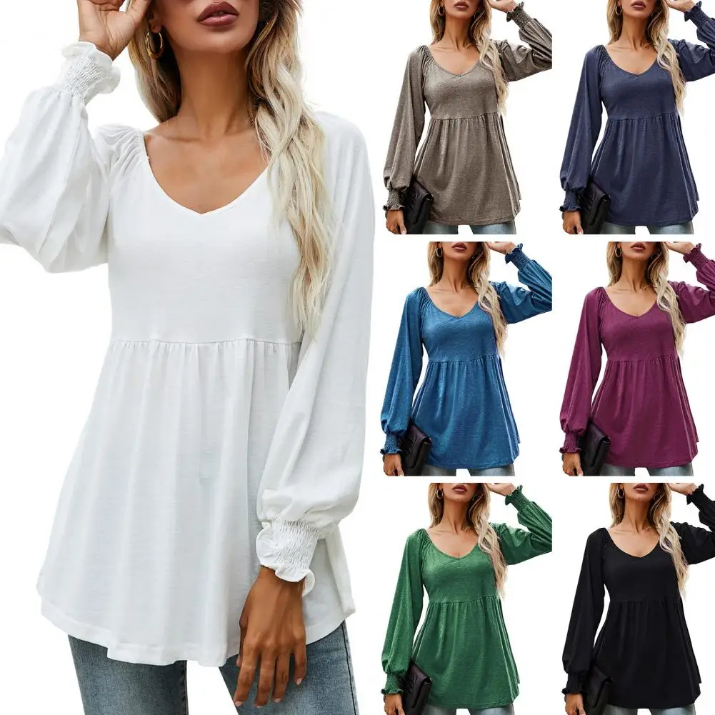 Tunic Shirt  Pleated   T-shirt Top Lantern Long Sleeve Lady Tunic Blouse