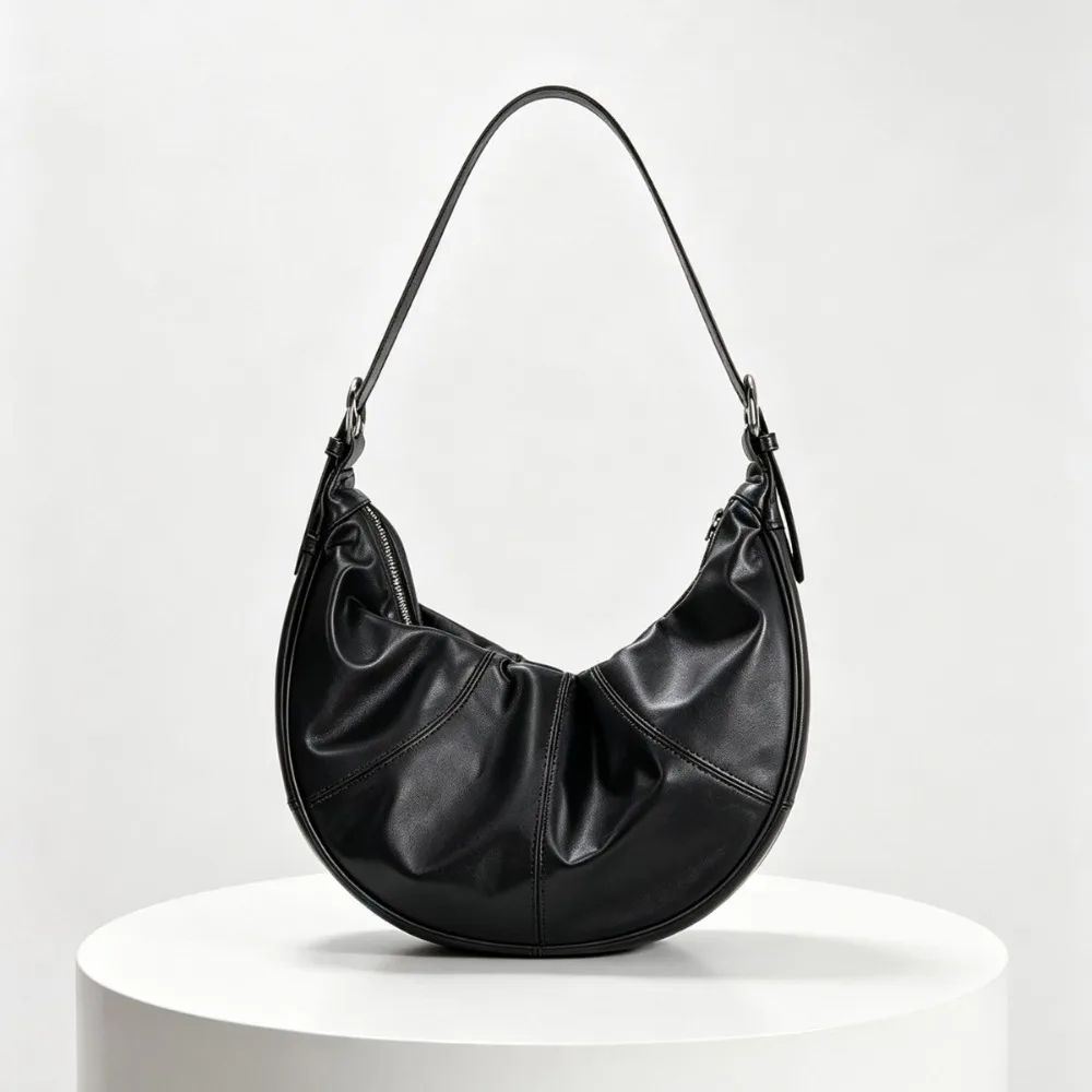 Textured Shoulder Bag Genuine Leather Large Croissant, Genuine Leather Women's Dumpling Messenger Bag Unique Texture Fashionable