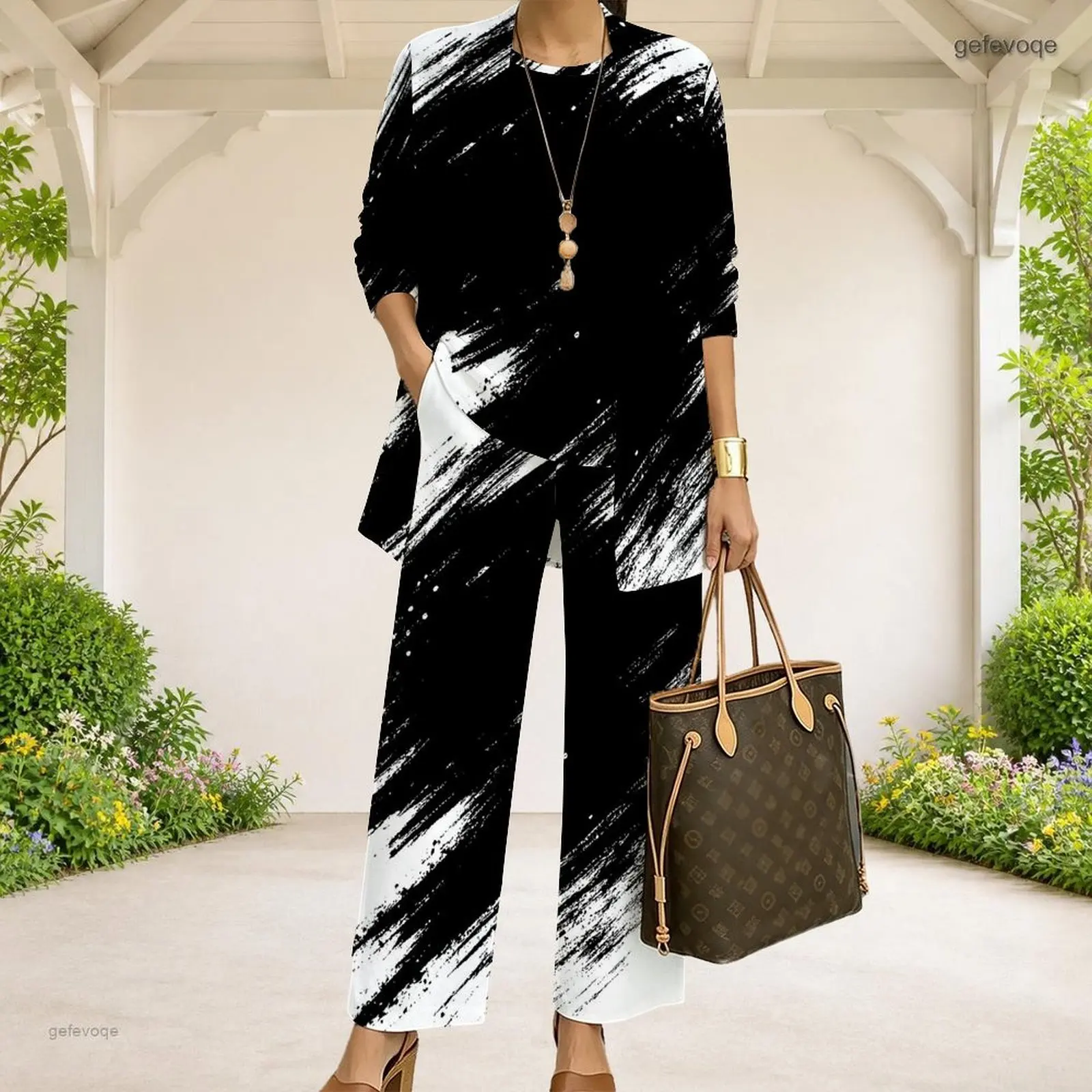Women Black White Abstract Geometric Printed Long Sleeve Open Front 3 Piece Pants Set - view 5