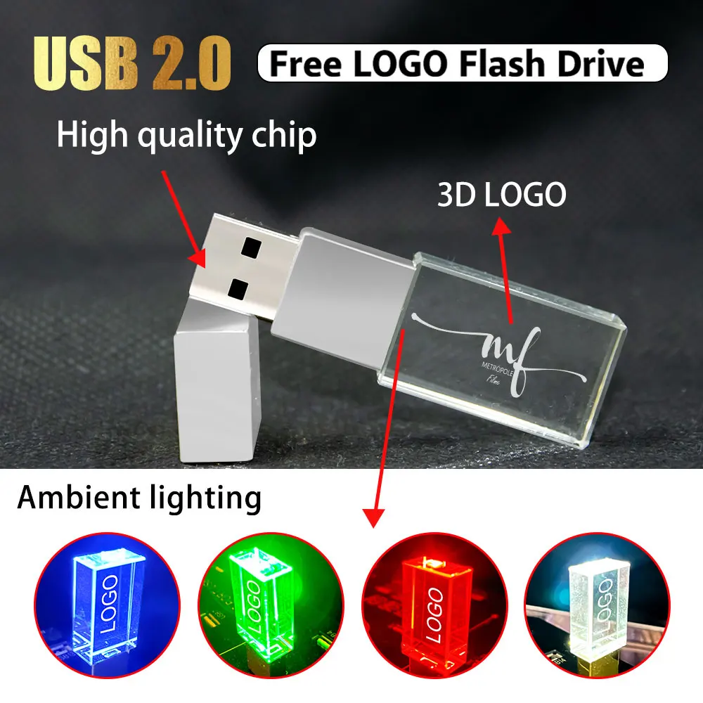 10PCS/LOT Crystal USB2.0 Wedding Gift Flash Drive Free Logo LED Pen Drive Real Capacity Stick 128G 8GB 16GB 32GB U Disk 64GB 4GB