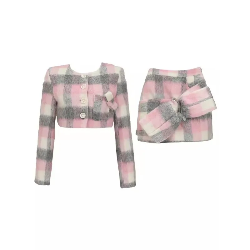 2023 Winter Fashion Plaid 2 Piece Set Woman Fur Warm Short Coat + Bodycon Slim Mini Skirt Party Korean Style Suit Bow Design