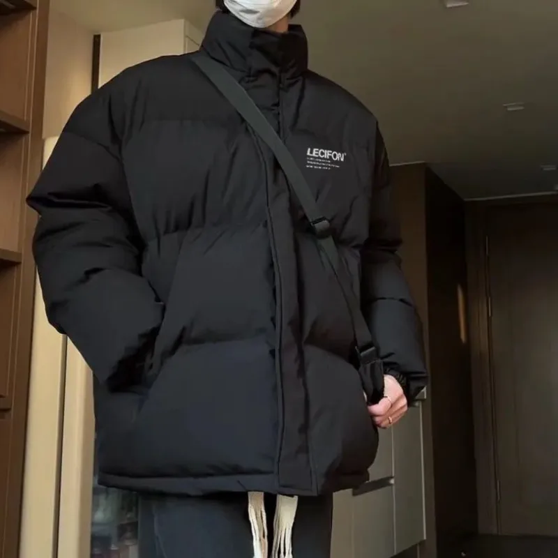 ​Trendy Men's Winter Cotton Jacket 2025​  Hong Kong Inspired Loose Print Coat Unisex Streetwear Outerwear with Zip Closure